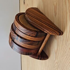 SET #2 Vintage hand turned wooden coasters in wood stand, set of 6.